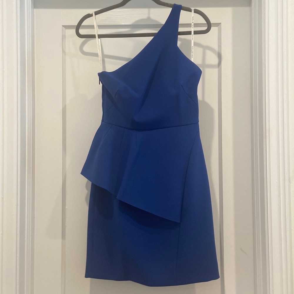 Halston One shoulder cobalt Blue peplum dress size 4